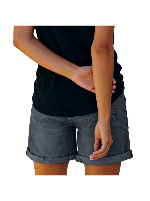 Women's Elastic High Waisted Jean Shorts Summer Ripped Cut Off Denim Shorts Vintage Cuffed Hem Mid Thigh Short Jeans Grey S