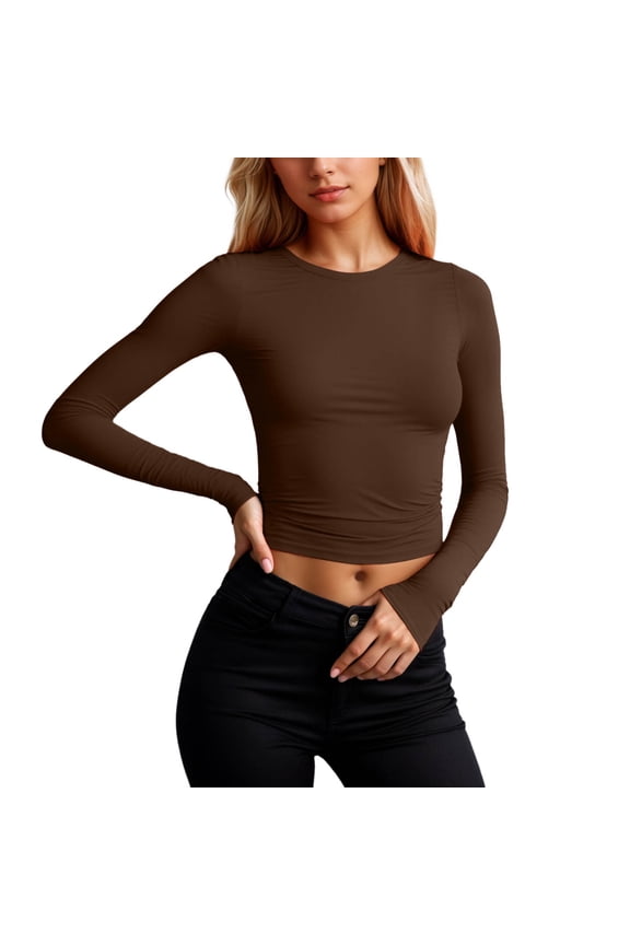 Women's Fashion Tops Elegant Long Sleeve Ruched Slim Fit Tops Brown M