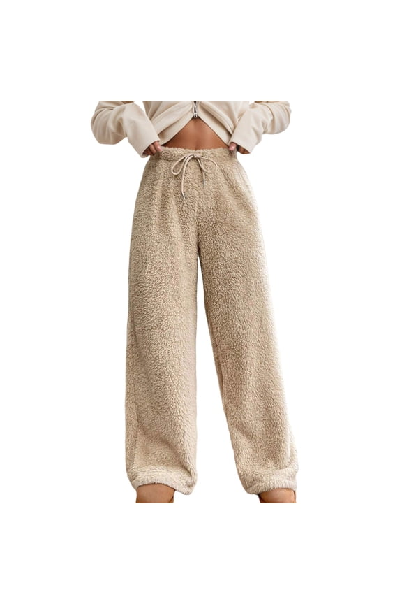 Women's Fuzzy Lounge Pants Comfy Warm Pajama Long Pants Drawstring Elastic Waist Wide Leg Bottoms Khaki