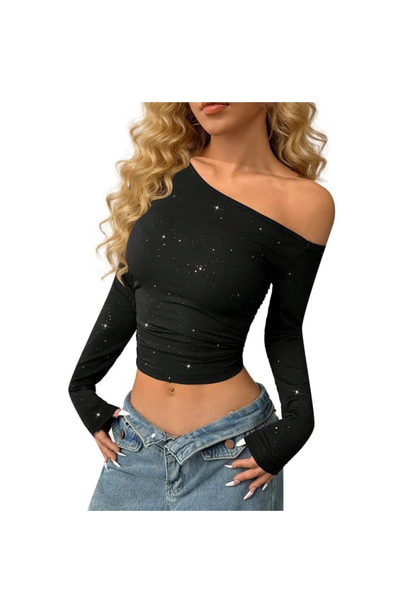 Women's Glitter One Shoulder Knitted Crop Tops Long Sleeve Going Out Tee Shirt Black XL