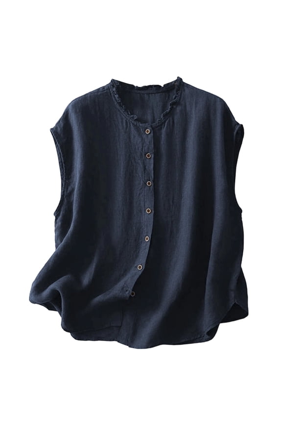 Women's Linen Vest Summer Sleeveless Scoop Neck Waistcoat Lightweight Work Casual Button Down Blazer Vest Navy M