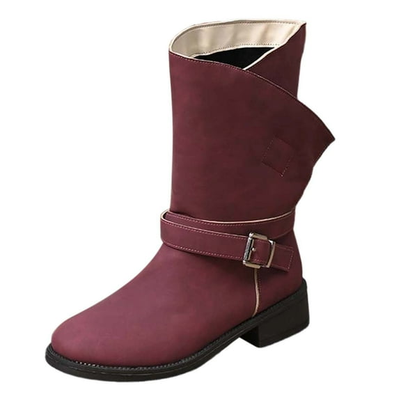 Aihuaihua Women's Mid - Calf Boots with Buckle Strap, Trendy Low Heel Retro Western Cowboy Boots, Comfortable Leather Boots for Daily, Party, Autumn & Winter