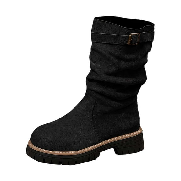 Aihuaihua Women's Mid Calf Boots Slouchy Round Toe Flat Low Heel Riding Boots With Buckle Black Boots for Women