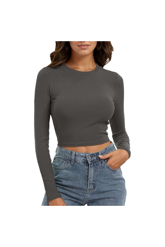 Women's Round Neck Long Sleeve Knit Ribbed Fitted Crop Top Casual Basic Shirts Grey M