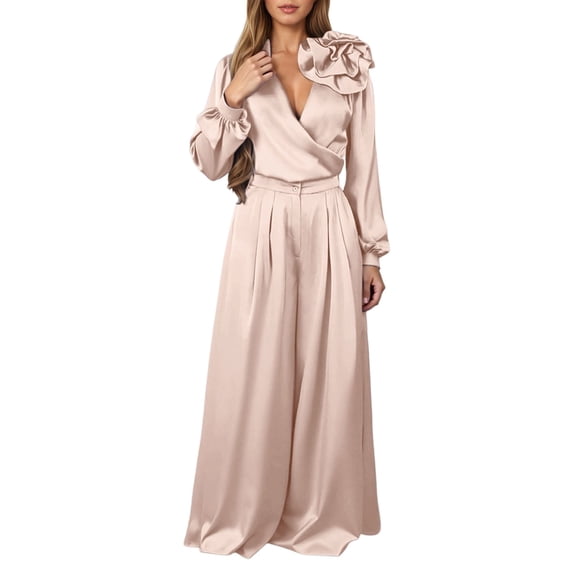 Aihuaihua Women's Satin 2 Piece Outfits Elegant V-Neck Long Sleeve Tops and Wide Leg Pants Sets Formal Clothes for Work Wedding Beige
