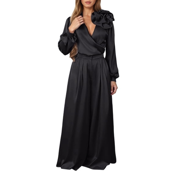 Aihuaihua Women's Satin 2 Piece Outfits Elegant V-Neck Long Sleeve Tops and Wide Leg Pants Sets Formal Clothes for Work Wedding Black