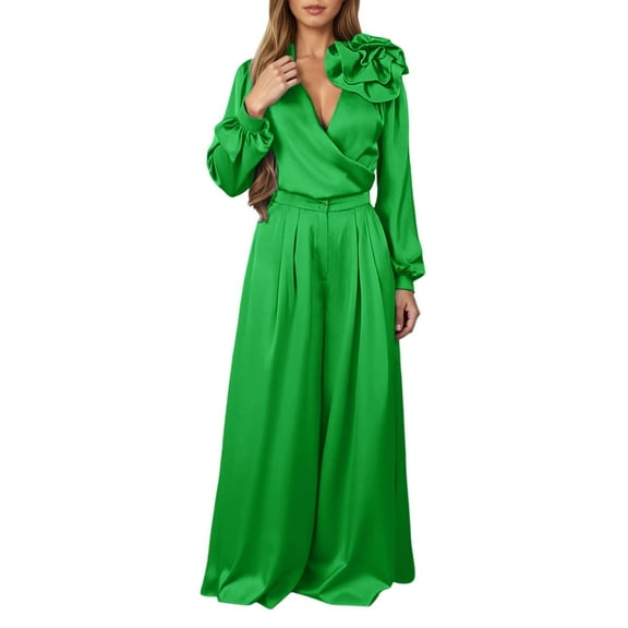 Aihuaihua Women's Satin 2 Piece Outfits Elegant V-Neck Long Sleeve Tops and Wide Leg Pants Sets Formal Clothes for Work Wedding Green