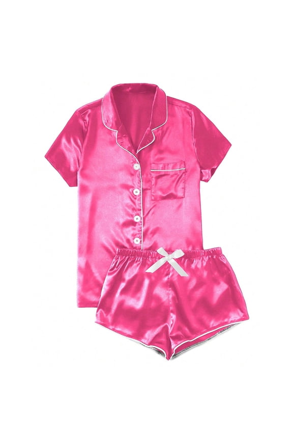 Women's Satin Pajama Set Silk Pjs Button Down Pajamas Short Sleeve Sleepwear Lounge Set, Hot Pink, XXL