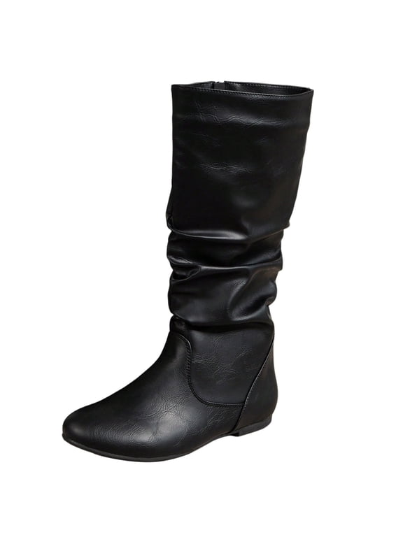 Women's Slouchy Knee High Boots Pull On Flat Boots with Side Zipper Fall Winter Western Cowgirl Booties for Women Soft Leather Round Toe Low Heels Combat Mid Calf Tall Dress Boots