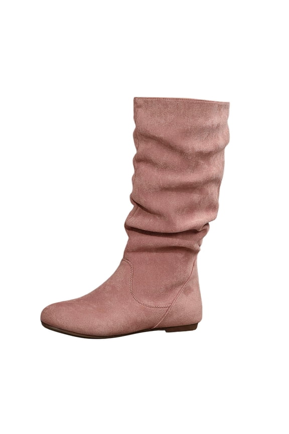 Women's Soft Suede Low Heel Mid Calf Boots Comfortable Fall Outdoor Footwear with Side Zipper & Non- Sole Flat Boots,Slouch Boots for Women