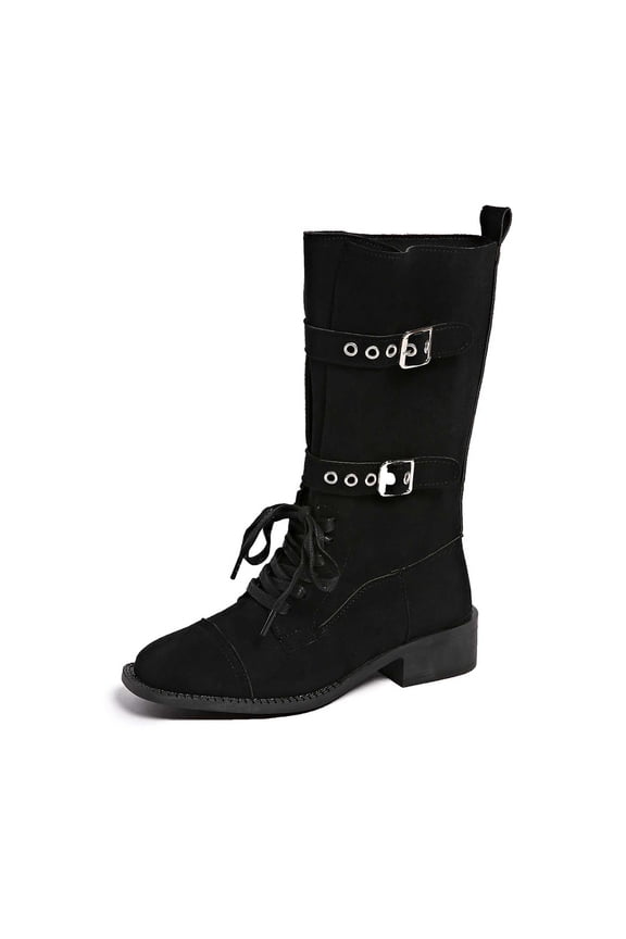 Women's Suede Low Chunky Heel Slouchy Mid-Calf Boots Fashionable Wide Toe Lace Up Adjustable Multi-Buckle Strap Biker Motorcycle Riding Boots Comfort Block Heel Autumn Winter Shoes