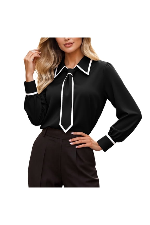 Women's Tie Neck Elegant Blouse Dressy Casual Collared Long Sleeve Work Top Lightweight Business Office Shirts Black M