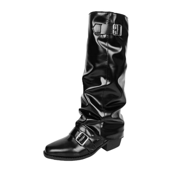 Aihuaihua Women's Vintage Knee High Boots Wide Calf with Buckle Strap Fold Over Collar Pointed Toe Solid Color Low Block Heel Retro Slouchy Boots for Fall Winter Fashion and Casual Weekend Wear