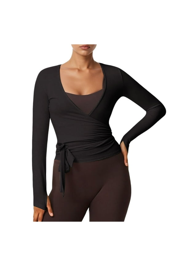 Women's Wrap Top Long Sleeve Cross Wrap Tie Ballet Tops V Neck Solid Slim Fit Pilates Yoga Workout T Shirts Black L