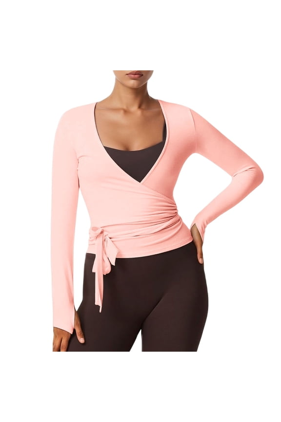 Women's Wrap Top Long Sleeve Cross Wrap Tie Ballet Tops V Neck Solid Slim Fit Pilates Yoga Workout T Shirts Red L
