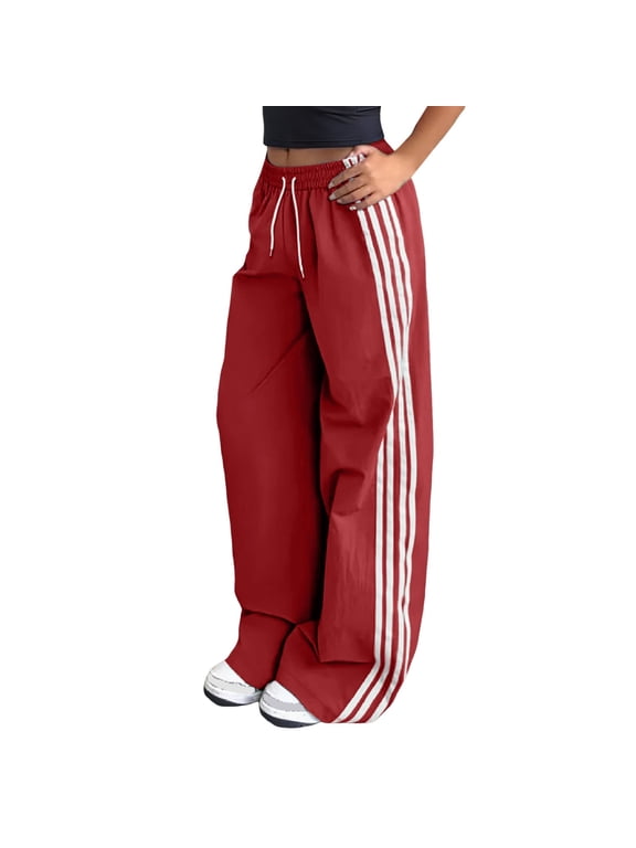 Women's Y2k Striped Side Baggy Pants Drawstring Elastic Waist Wide Leg Track Pants Slouchy Palazzo Low Rise Sweatpants Streetwear Red XXL