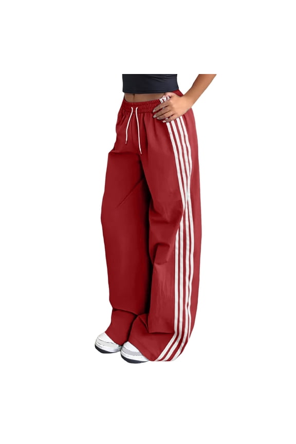 Women's Y2k Striped Side Baggy Pants Drawstring Elastic Waist Wide Leg Track Pants Slouchy Palazzo Low Rise Sweatpants Streetwear Red XXL