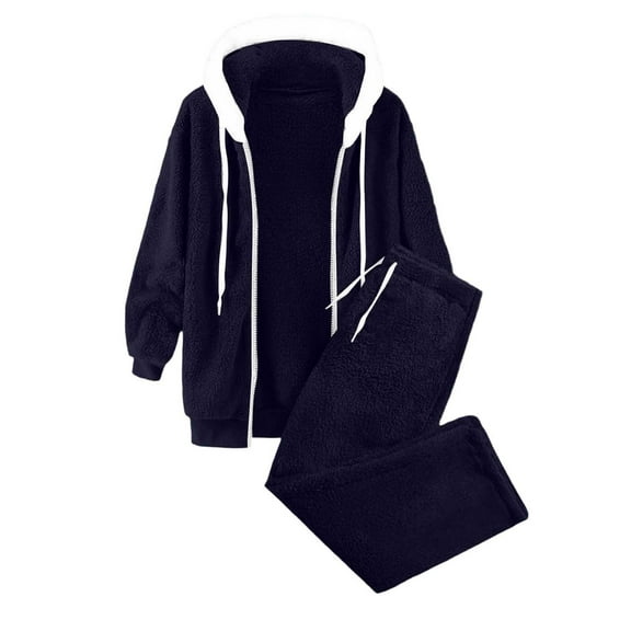 Aihuaihua Womens 2 Piece Fleece Outfits Long Sleeve Zip Up Hoodie Jacket and Drawstring Wide Leg Pants Winter Comfy Clothes Set Navy