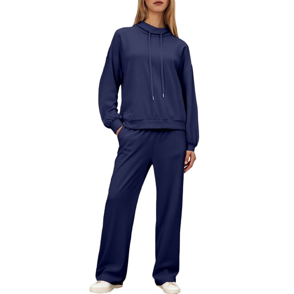 Aihuaihua Womens 2 Piece Outfits Sweatsuit Set 2025 Fall Drawstring Sweatshirt Wide Leg Sweatpant Lounge Sets Casual Tracksuit Matching Plus Size Navy