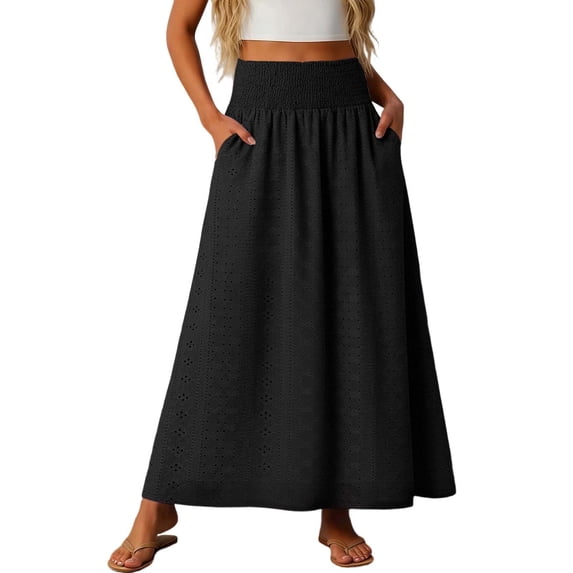 Aihuaihua Womens Boho Maxi Skirt Summer Eyelet Hollow Flowy Skirts High Waist Casual Skirt with Pockets A Line Pleated Vacation Skirts Black M