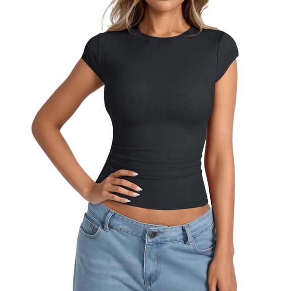 Aihuaihua Womens Cap Sleeve Tops Summer Crew Neck Short Sleeve Shirts Slim Fit Basic Ribbed Tees Y2K Going Out Crop Tops Black L