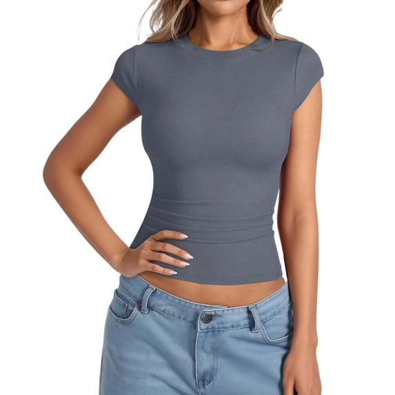 Aihuaihua Womens Cap Sleeve Tops Summer Crew Neck Short Sleeve Shirts Slim Fit Basic Ribbed Tees Y2K Going Out Crop Tops Dark Gray S