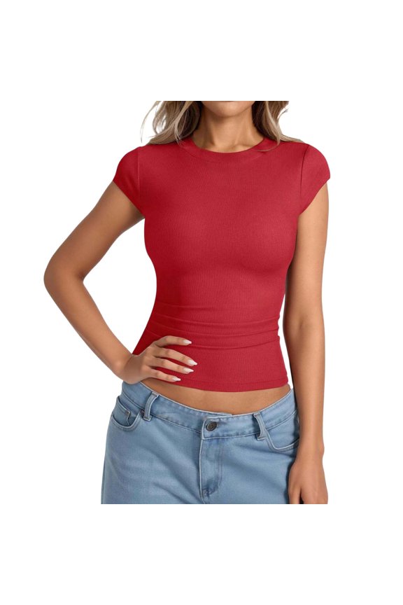 Womens Cap Sleeve Tops Summer Crew Neck Short Sleeve Shirts Slim Fit Basic Ribbed Tees Y2K Going Out Crop Tops Red M