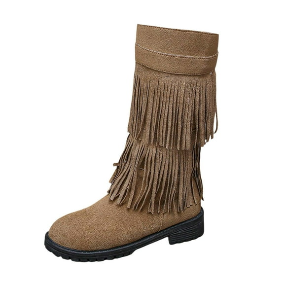 Aihuaihua Womens Faux Suede 2 Layer Tassel Fringe Flat Mid Calf Boots Classic Double Fringe Moccasin Boots Mid Calf Women Flat