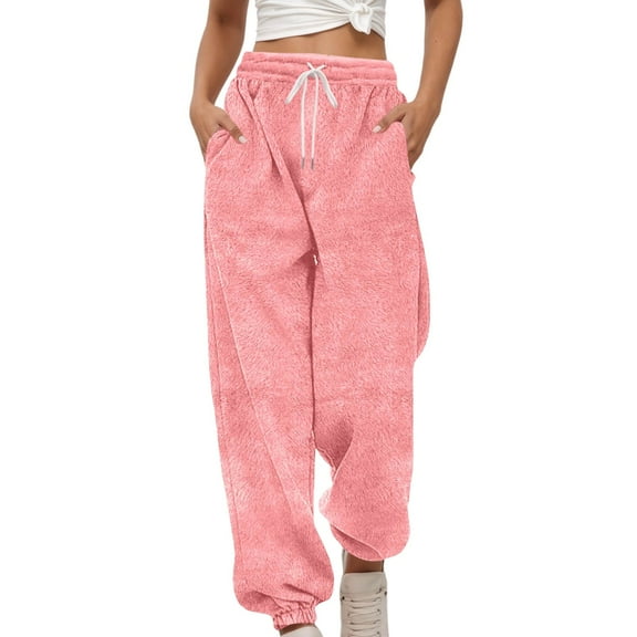 Aihuaihua Womens Pajama Pants, Winter Warm Lounge Bottoms Long Soft Plush Drawstring Waist Teddy Pants Loose Fuzzy Pants Casual Trousers with Pockets Pink