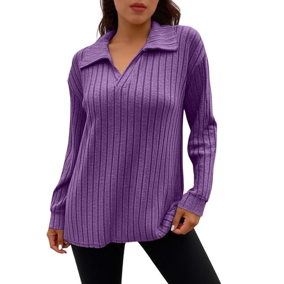 Aihuaihua Womens Long Sleeve Tops Trendy V Neck Collared Rib Knit T-Shirts and Casual Wear Plus Size Tunic Tops Yellow Top Women Fall Purple XXXXL