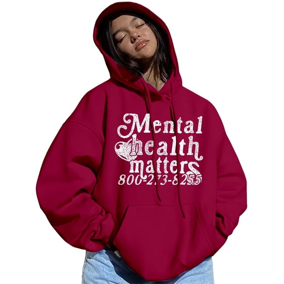 Aihuaihua Womens Mental Health Matters Hoodie, Mental Health Matters Ovesized Sweatshirt, Casual Pullover Hoodie Red