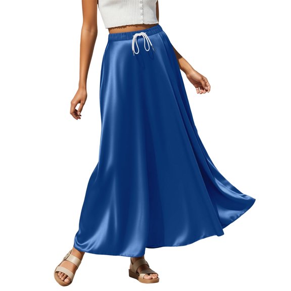 Aihuaihua Womens Satin Skirts Business Casual Dressy Drawstring High Waisted Flowy Party Wedding Guest Maxi Skirt Blue L