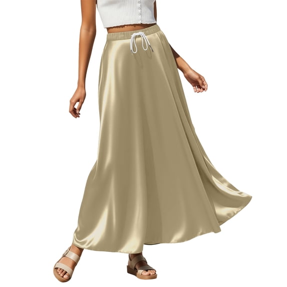 Aihuaihua Womens Satin Skirts Business Casual Dressy Drawstring High Waisted Flowy Party Wedding Guest Maxi Skirt Khaki XXL