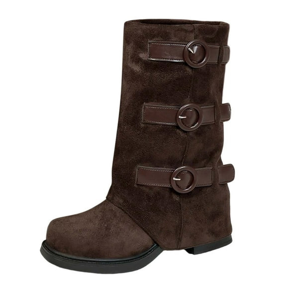 Aihuaihua Womens Seude Mid Calf Boots Round Toe Vintage Heels Combat Boots Buckle Strap Wide Calf Biker Moto Boots
