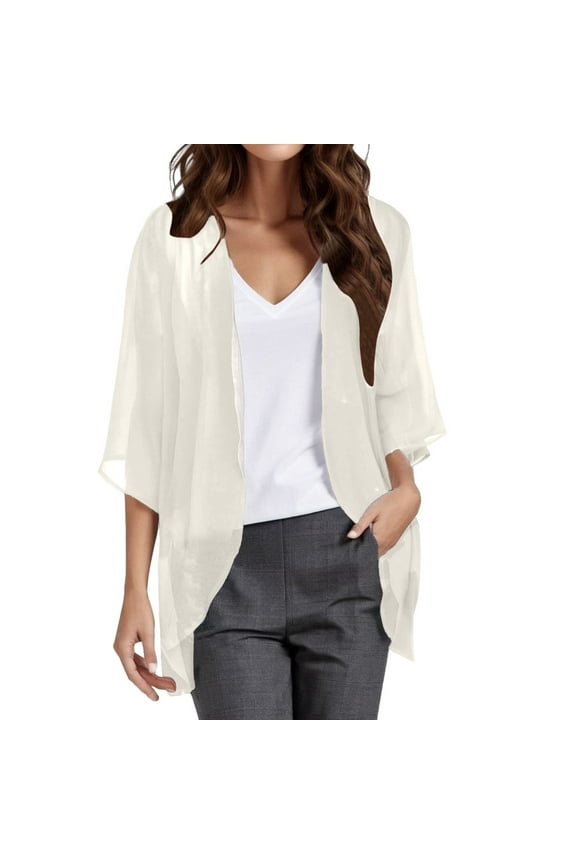 Womens Sheer Kimono Cardigan Open Front 3/4 Sleeve Chiffon Duster Casual Blouse Tops Beige