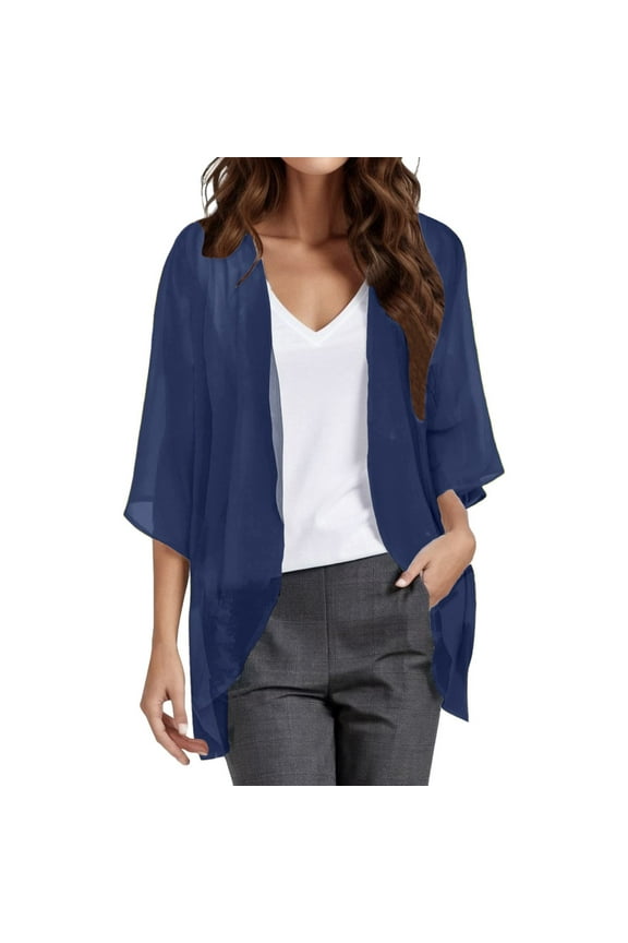 Womens Sheer Kimono Cardigan Open Front 3/4 Sleeve Chiffon Duster Casual Blouse Tops Navy