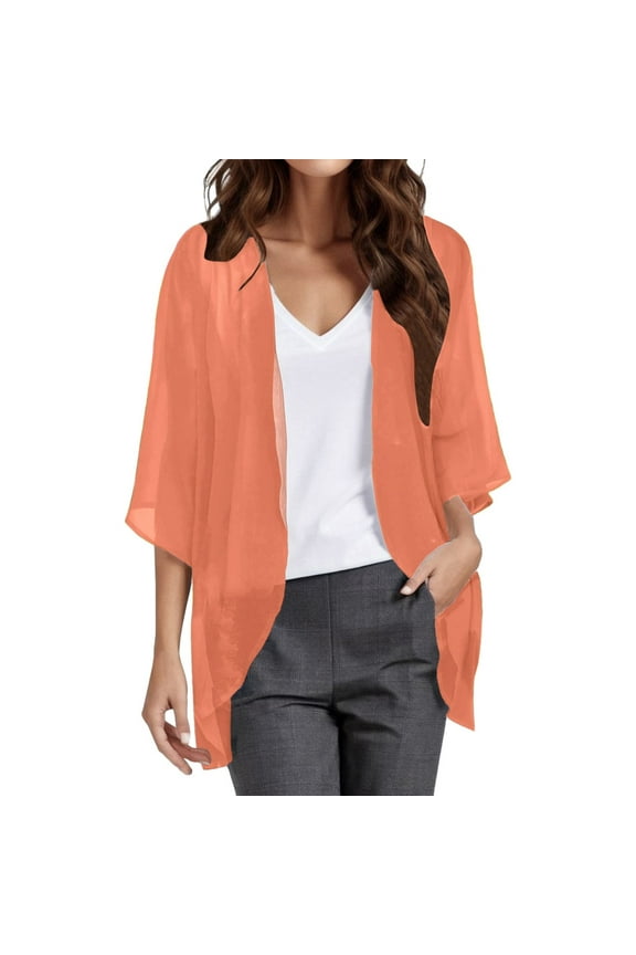 Womens Sheer Kimono Cardigan Open Front 3/4 Sleeve Chiffon Duster Casual Blouse Tops Orange