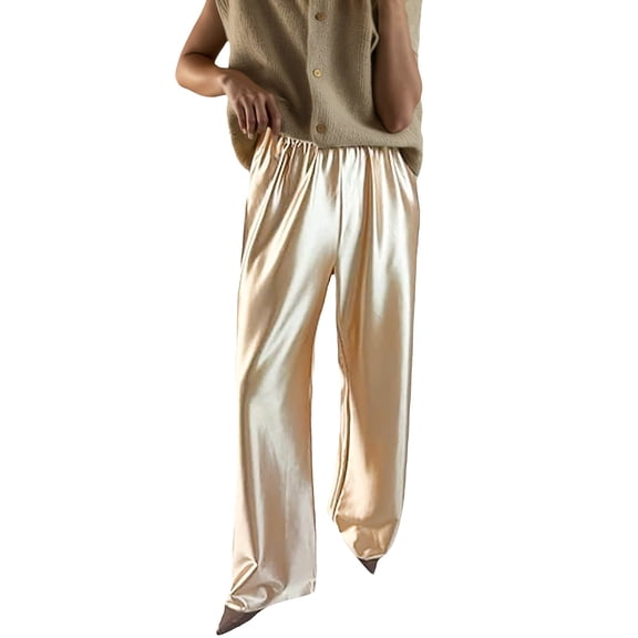 Aihuaihua Womens Silk Satin Pajama Pants Casual Loose Lounge Pants Drawstring Elastic Waist Wide Leg Pj Bottoms with Pockets Gold