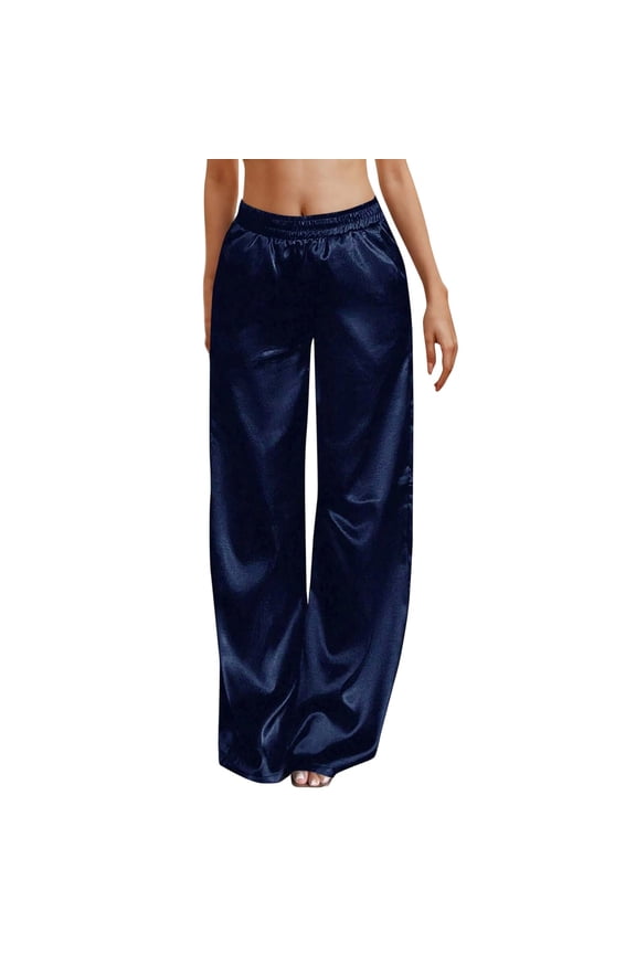 Womens Silk Satin Pants Casual Loose Fit Comfy Lounge Pants Elastic Waist Wide Leg Pj Bottoms with Pockets BU1 L