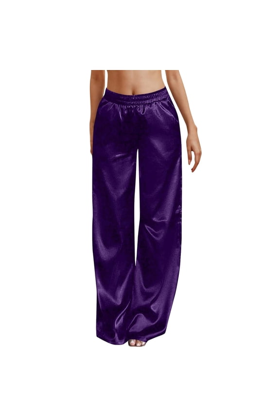Womens Silk Satin Pants Casual Loose Fit Comfy Lounge Pants Elastic Waist Wide Leg Pj Bottoms with Pockets Purple L