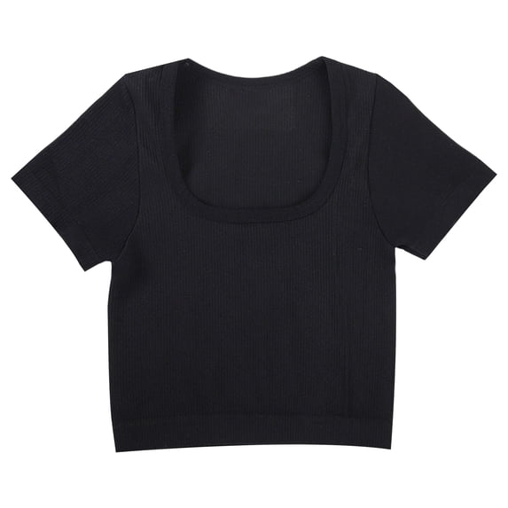 Aihuaihua Womens Square Neck Rib Knit Solid Cropped Tops Basic Tees Slim Fit Ribbed Knit Spring Going Out Slim Fitted Y2k Top Summer Clothes Black M