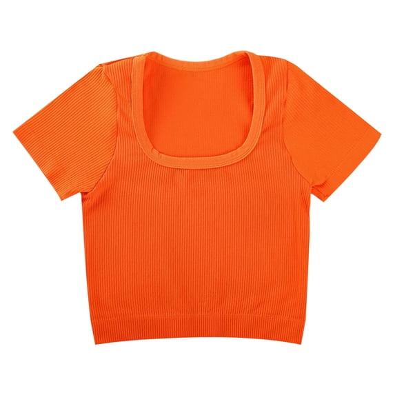 Aihuaihua Womens Square Neck Rib Knit Solid Cropped Tops Basic Tees Slim Fit Ribbed Knit Spring Going Out Slim Fitted Y2k Top Summer Clothes Orange L
