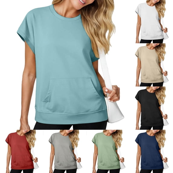 Aihuaihua Womens Summer Tops with Kangaroo Pocket Short Sleeve Crewneck Sweatshirts Lightweight Casual Work Athletic T-Shirt White M
