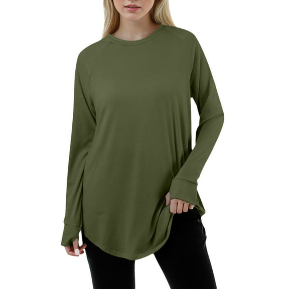 Aihuaihua Womens Tunic Tops for Leggings Long Sleeve Thumb Hole Shirts Crew Neck Curved Hem 2025 Fasion Green S