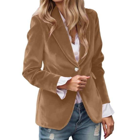 Aihuaihua Womens Velvet Blazer Business Casual Button Down Suit Jacket Vintage Elegant Slim Fit Blazers Work Office Coats Khaki M