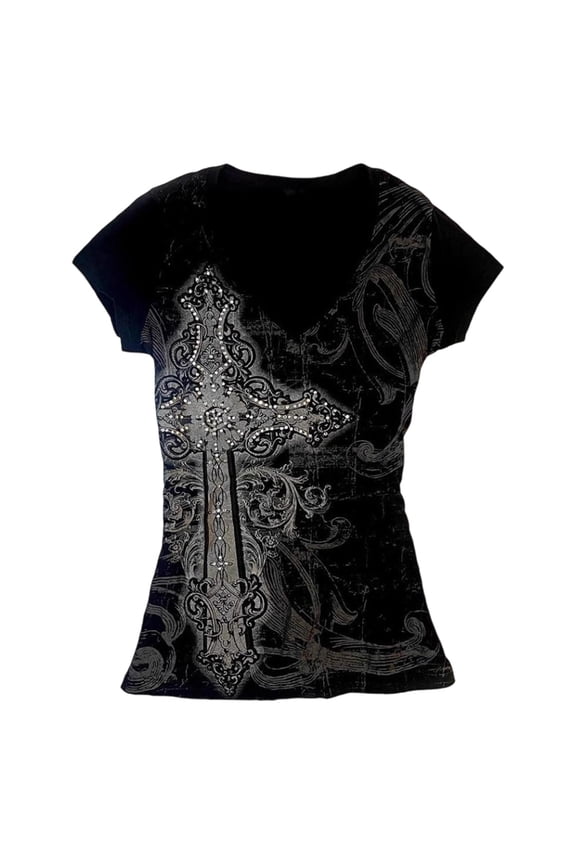 Womens Y2K Grunge Vintage Graphic Tees V-Neck Short Sleeve Slim Fit T-Shirt Emo Clothes Streetwear