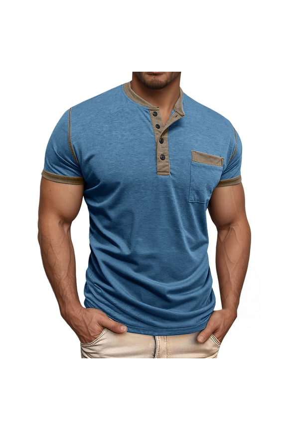 Workout Shirts for Men Henley Short Sleeve Office Casual Solid Color T-Shirt Vintage Men Clothes BU1 L