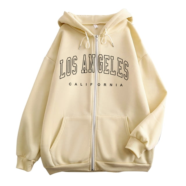 Aihuaihua Zip Up Hoodies for Teen Girls Los Angeles Sweatshirt with Hood Womens Full Zipper Hoodies Pullover Long Sleeve Tops with Pockets Beige