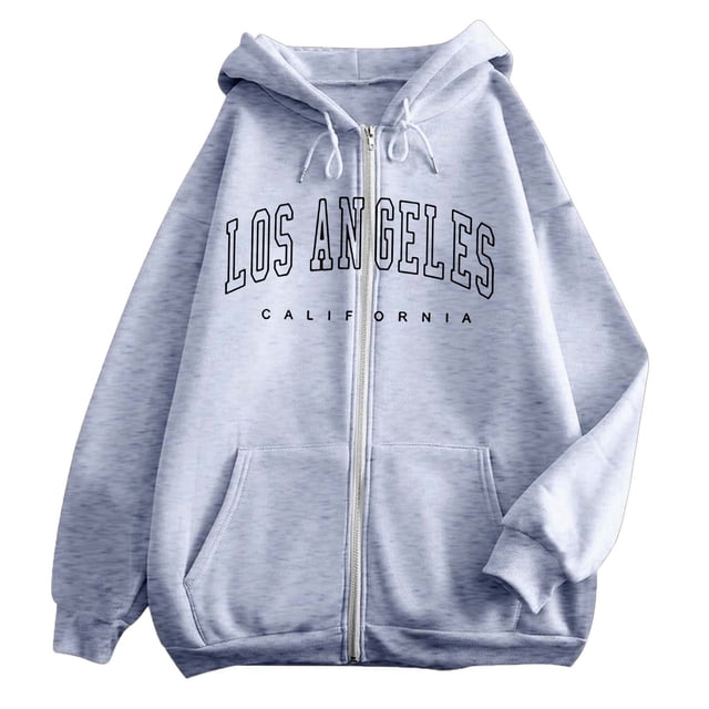 Aihuaihua Zip Up Hoodies for Teen Girls Los Angeles Sweatshirt with Hood Womens Full Zipper Hoodies Pullover Long Sleeve Tops with Pockets Light Gray