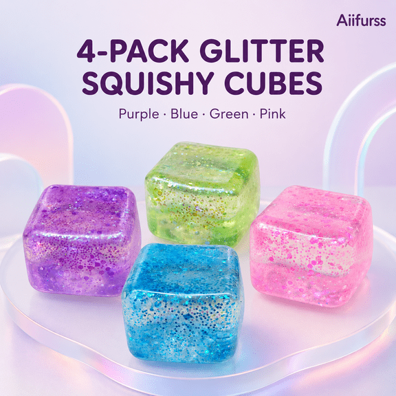 Aiifurss 4 Pack Glitter Squishy Cubes, 1.97-Inch Slow-Rising Squeeze Stress Relief Sensory Fidget Toys for Kids Ages 8+ and Adults, Party Favors, Classroom Rewards, Christmas Birthday Holiday Gifts
